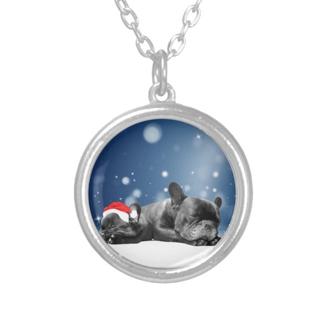 Christmas French Bulldog Puppies snow santa hat Silver Plated Necklace (Front)