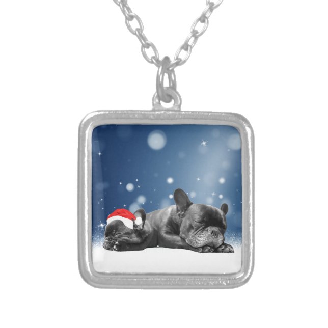 Christmas French Bulldog Puppies snow santa hat Silver Plated Necklace (Front)
