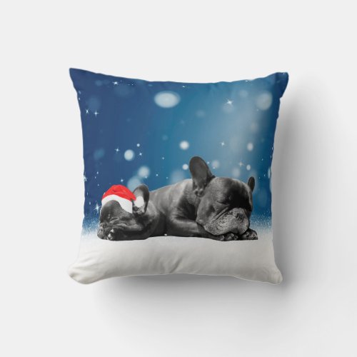 Christmas French Bulldog Puppies snow santa hat Throw Pillow