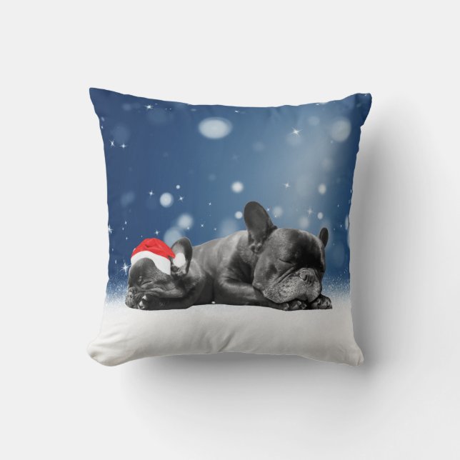 Christmas French Bulldog Puppies snow santa hat Throw Pillow (Front)