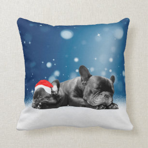 Christmas French Bulldog Puppies snow santa hat Throw Pillow