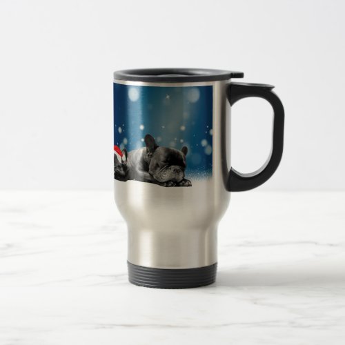 Christmas French Bulldog Puppies snow santa hat Travel Mug