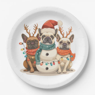 Christmas French Bulldog Reindeer Dogs Paper Plates