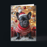 Christmas French Bulldog With Santa Hat Card<br><div class="desc">A black French bulldog in a red and white striped sweater sits on a white fur rug.
Text can be changed.</div>