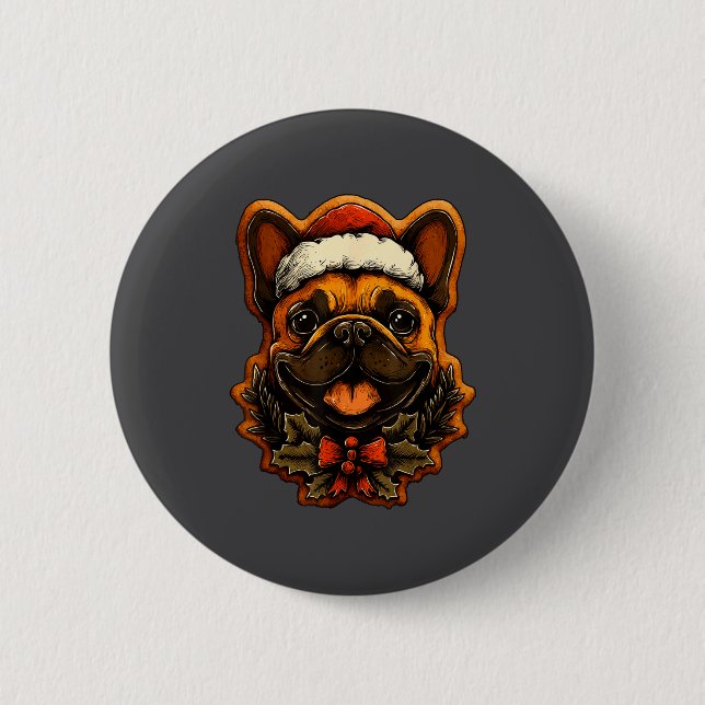 Christmas French Bulldog With Santa Hat Gingerbrea Button (Front)