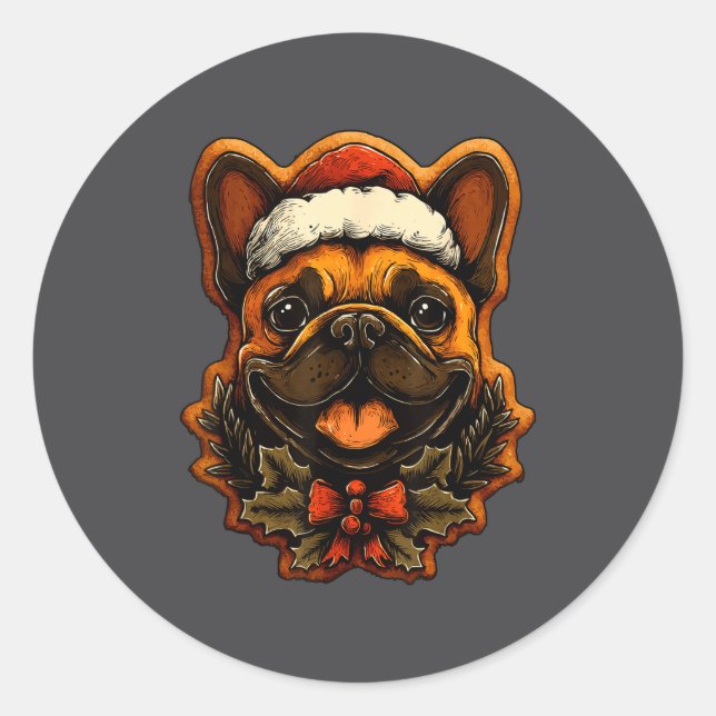 Christmas French Bulldog With Santa Hat Gingerbrea Classic Round Sticker (Front)