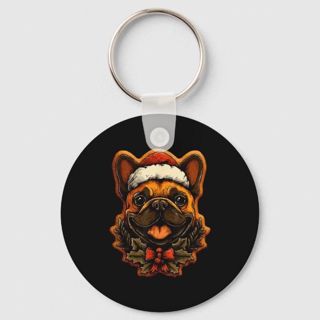 Christmas French Bulldog With Santa Hat Gingerbrea Keychain (Front)