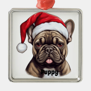 CHRISTMAS FRENCH BULLDOG WITH SANTA HAT METAL ORNAMENT