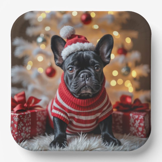 Christmas French Bulldog With Santa Hat Paper Plates (Front)