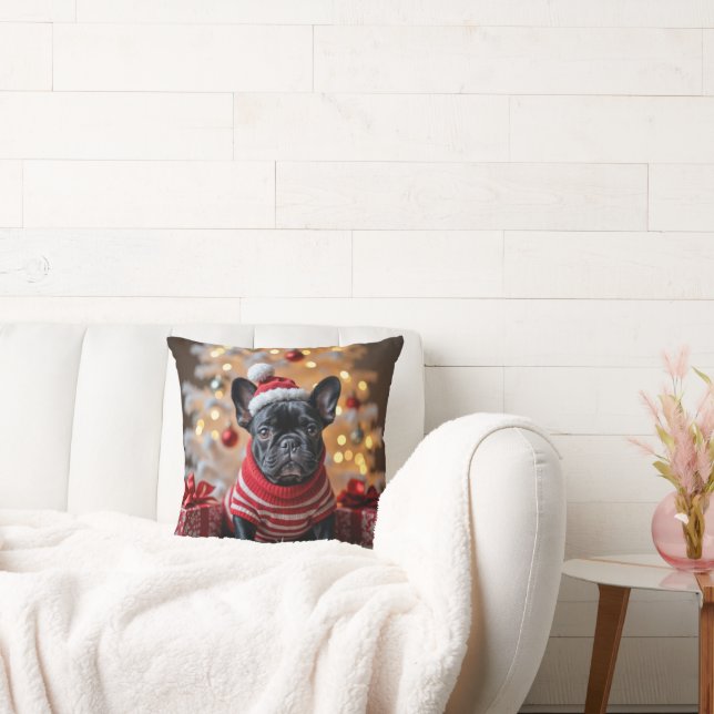 Christmas French Bulldog With Santa Hat Throw Pillow (Couch)