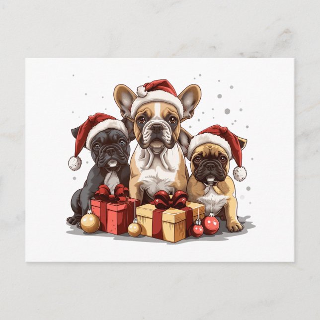 Christmas French Bulldogs Santa Hat Holiday Postcard (Front)