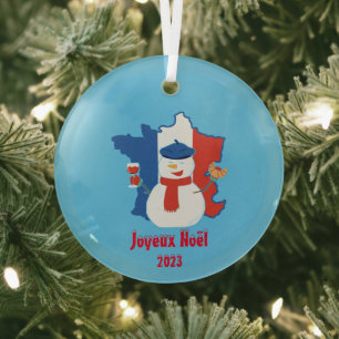 Christmas French Flag Snowman Glass Ornament