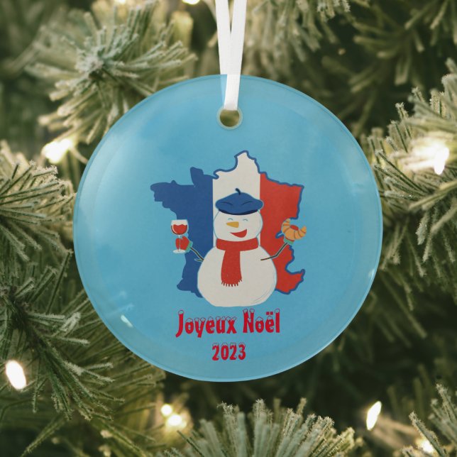 Christmas French Flag Snowman Glass Ornament (Insitu)