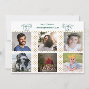 Christmas French Horn Gold Confetti & 6 Photos Holiday Card