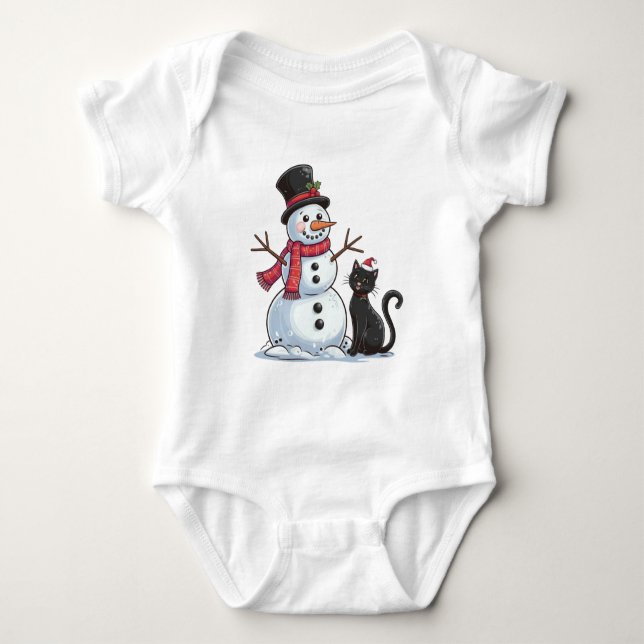 Christmas friends Snowman and Black Cat Baby Bodysuit (Front)