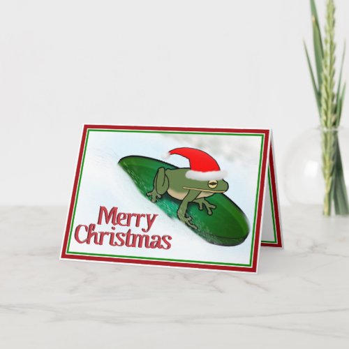 Christmas Frog Dashing Thru the Snow on a Lily Pad Holiday Card
