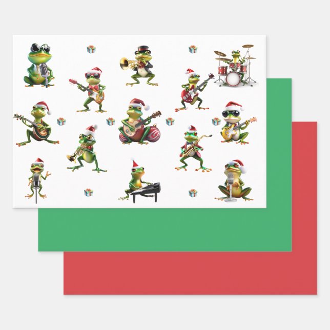 Christmas Frog Jazz Band and Solids Green & Red  Wrapping Paper Sheets (Set)