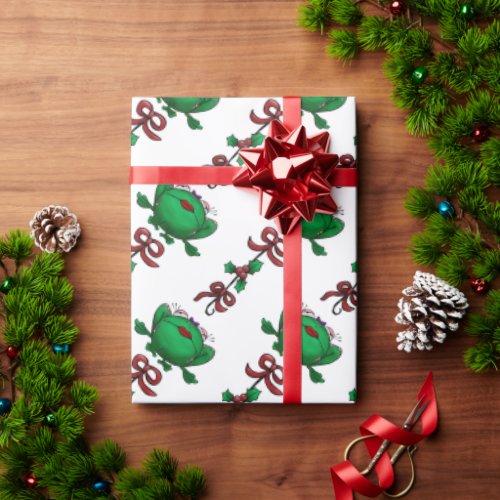 Christmas Frog Mistletoe Ribbon Pattern Wrapping Paper