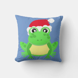 Christmas Frog Santa Hat Novelty Funny Blue Throw Pillow