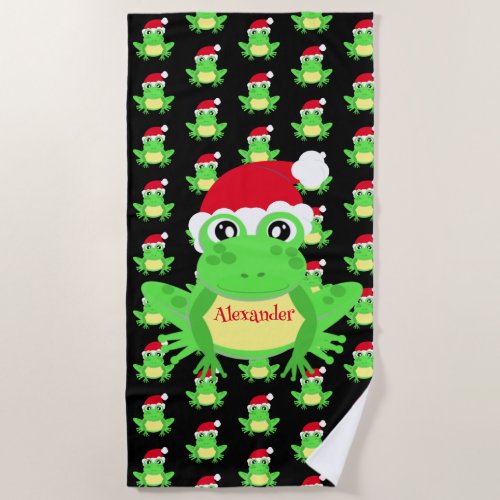 Christmas Frog Santa Hat Pattern Black Novelty  Beach Towel