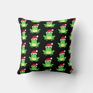 Christmas Frog Santa Hat Pattern Black Novelty Throw Pillow