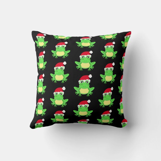 Christmas Frog Santa Hat Pattern Black Novelty Throw Pillow (Back)