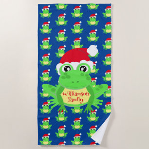 Christmas Frog Santa Hat Pattern Blue Novelty Beach Towel