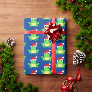 Christmas Frog Santa Hat Pattern Blue Novelty Wrapping Paper