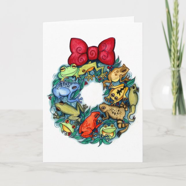 Christmas Frog Wreath - Colorful and Bright Frogs Holiday Card (Front)