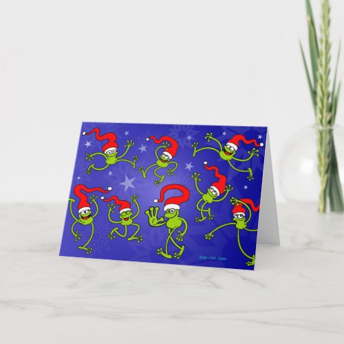 Christmas Frogs jumping dancing and celebrating Holiday Card