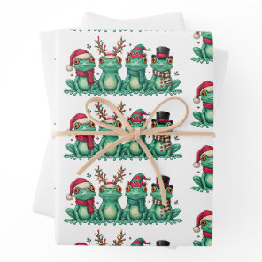 Christmas Frogs Wearing Santa Hat Reindeer Antlers Wrapping Paper Sheets