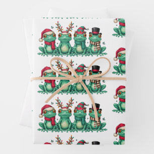 Christmas Frogs Wearing Santa Hat Reindeer Antlers Wrapping Paper Sheets