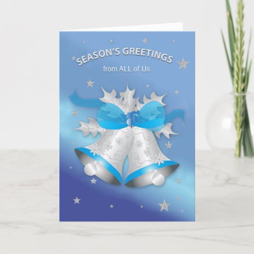 Christmas From All of Us Silver and Blue Bells Card