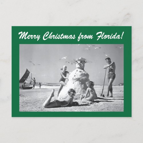 Christmas from Florida Vintage Beach Snowman Photo Postcard