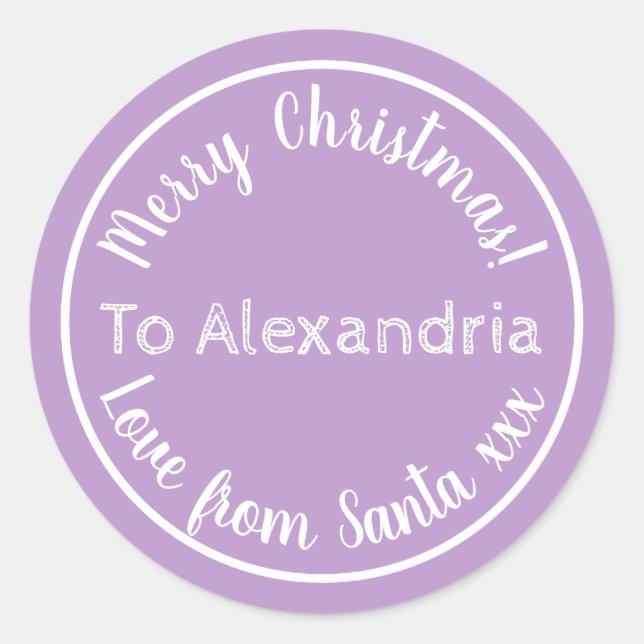 Christmas From Santa Personalized Purple Lilac Classic Round Sticker (Front)