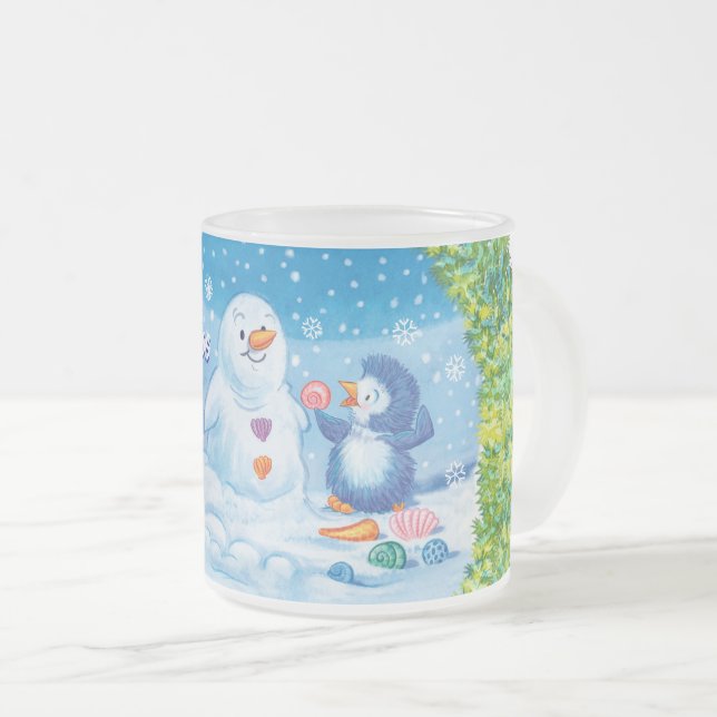 Christmas frosted mug, PingPing Penguin & Snowman. Frosted Glass Coffee Mug (Front Right)