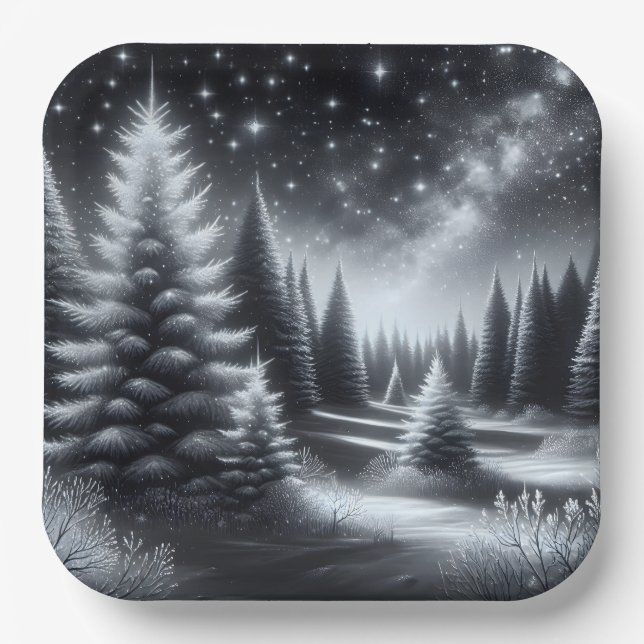 Christmas Frosted Pine Trees In Winter Paper Plates (Front)