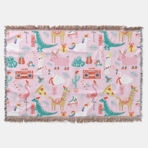 Christmas Fun Animal Seamless Pattern Throw Blanket