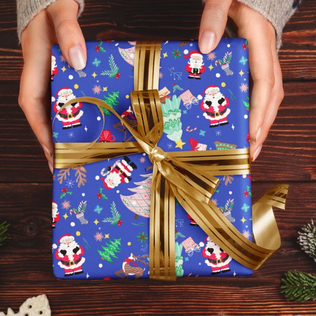 Christmas Fun Ditzy Santa Blue Background Wrapping Paper (Creator Uploaded)
