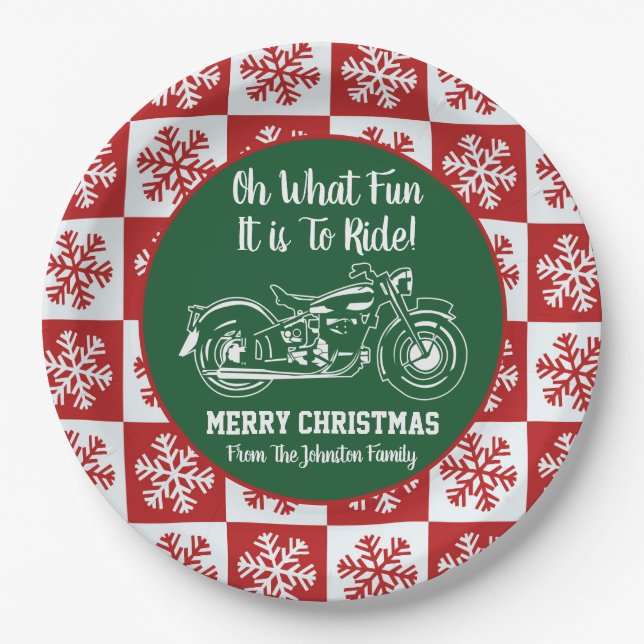 Christmas Fun Motorcycle Snowflake Holiday Family Paper Plates (Front)