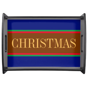 CHRISTMAS Fun Navy Red Green Brown Stripes Serving Tray