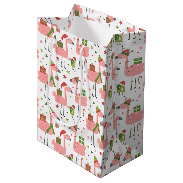 Christmas Fun Pink Flamingo Medium Gift Bag (Front Angled)