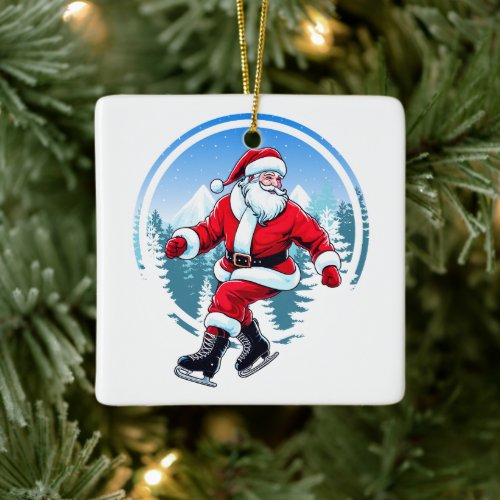 Christmas Fun Santa Claus Gliding on Ice _ Ice Ska Ceramic Ornament