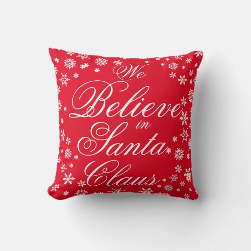 Christmas Fun Saying Believe Red White Script Throw Pillow
