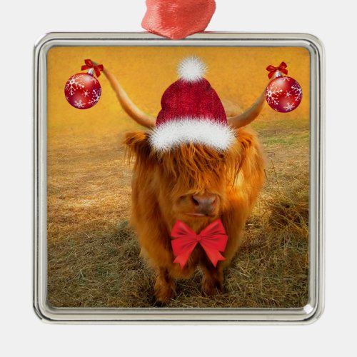 Christmas Fun Scottish Highland Steer Metal Ornament