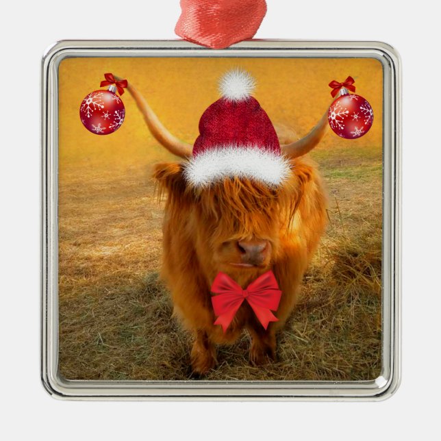 Christmas Fun Scottish Highland Steer Metal Ornament (Front)