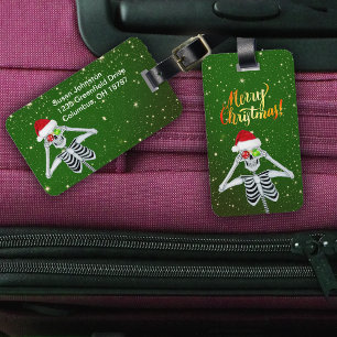 Christmas Fun Skeleton Hat Ornaments Green Gold Luggage Tag