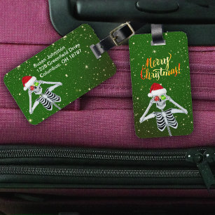Christmas Fun Skeleton Hat Ornaments Green Gold  Luggage Tag