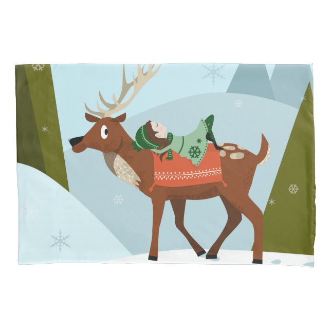 CHRISTMAS FUN Winter deer & elf in snowy woodland Pillow Case (Front)
