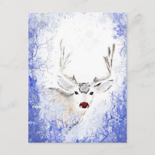 Christmas Fun with Deer Blue Snowflakes Holiday Postcard (Front)